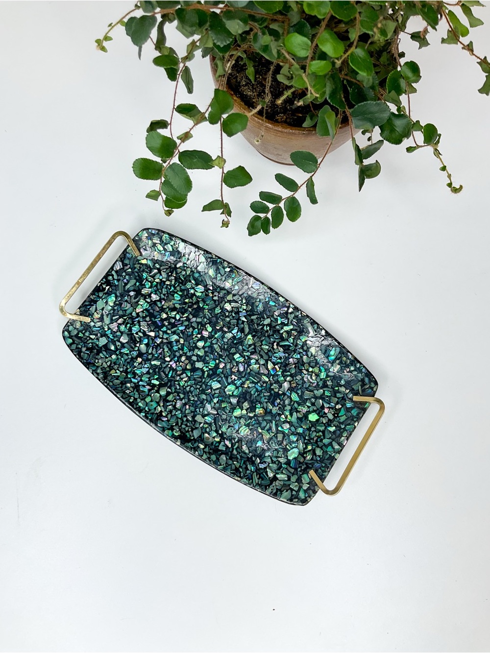 MCM Vintage Iridescent Green Mosaic Serving Tray with Brass Handles